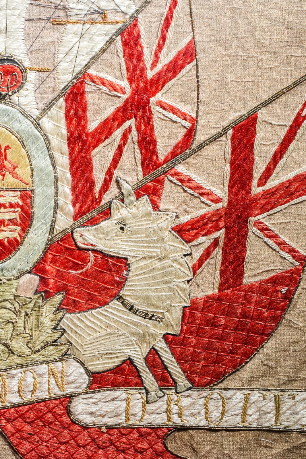 Fascinating England Antique Hand-Embroidered Royal Naval Crest Gilt Thread Silk