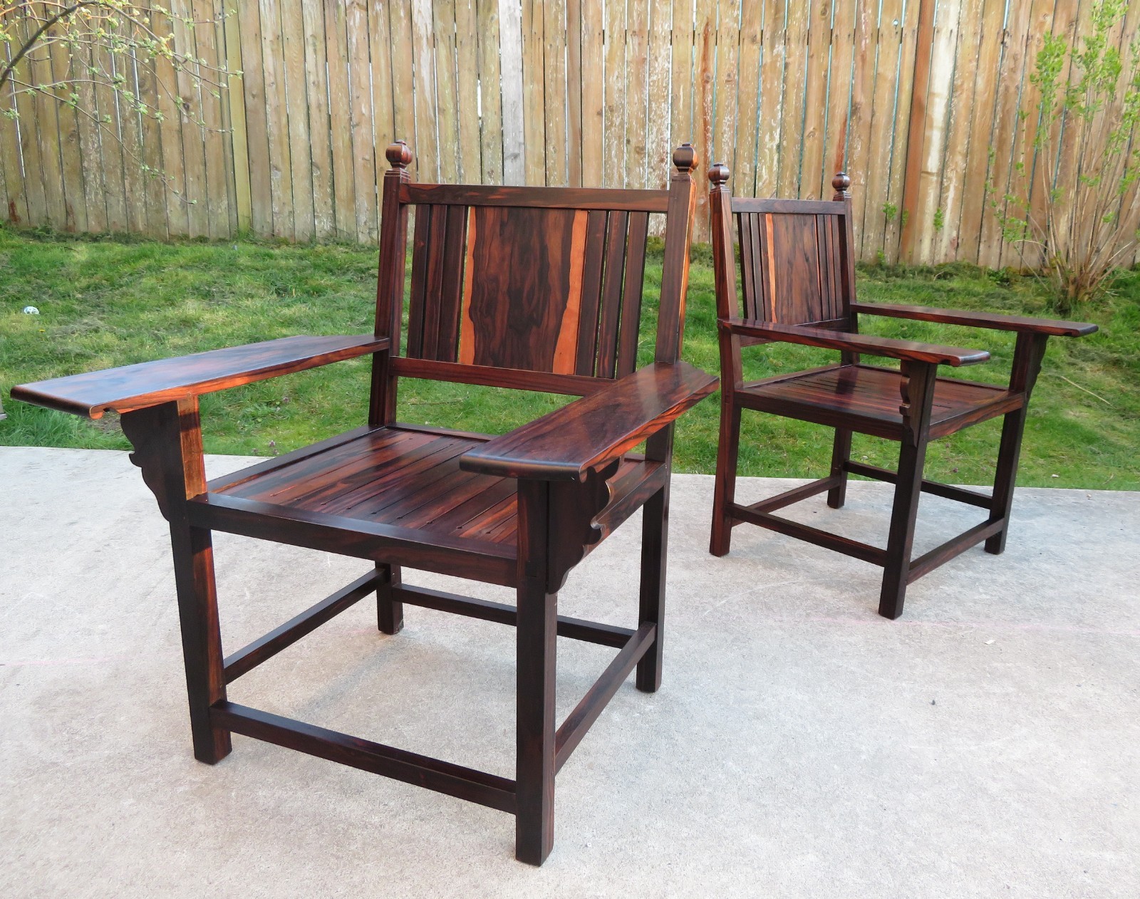 Vintage EXOTIC WOOD ARM CHAIR PAIR Ziricote Macassar ARTS & CRAFTS Rosewood MCM