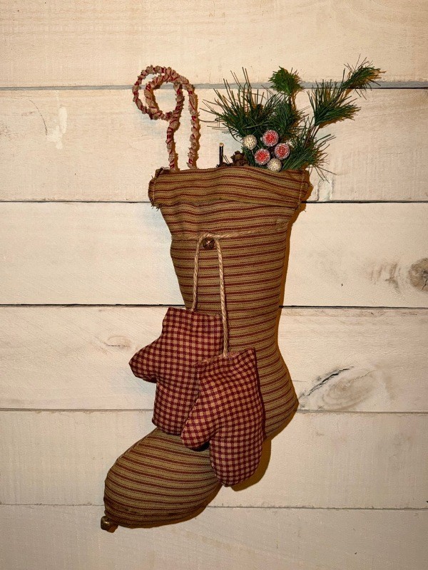 Primitive Handmade Fabric Stocking Red White Striped Candy Canes Mittens