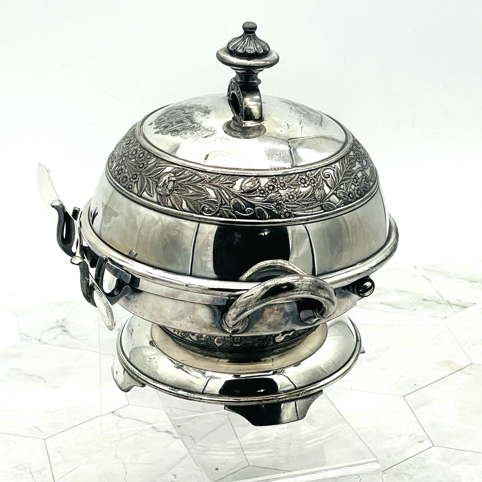 Atq Rogers Bros 1880 Silver Plate Domed Butter Server w Knife & Glass Insert