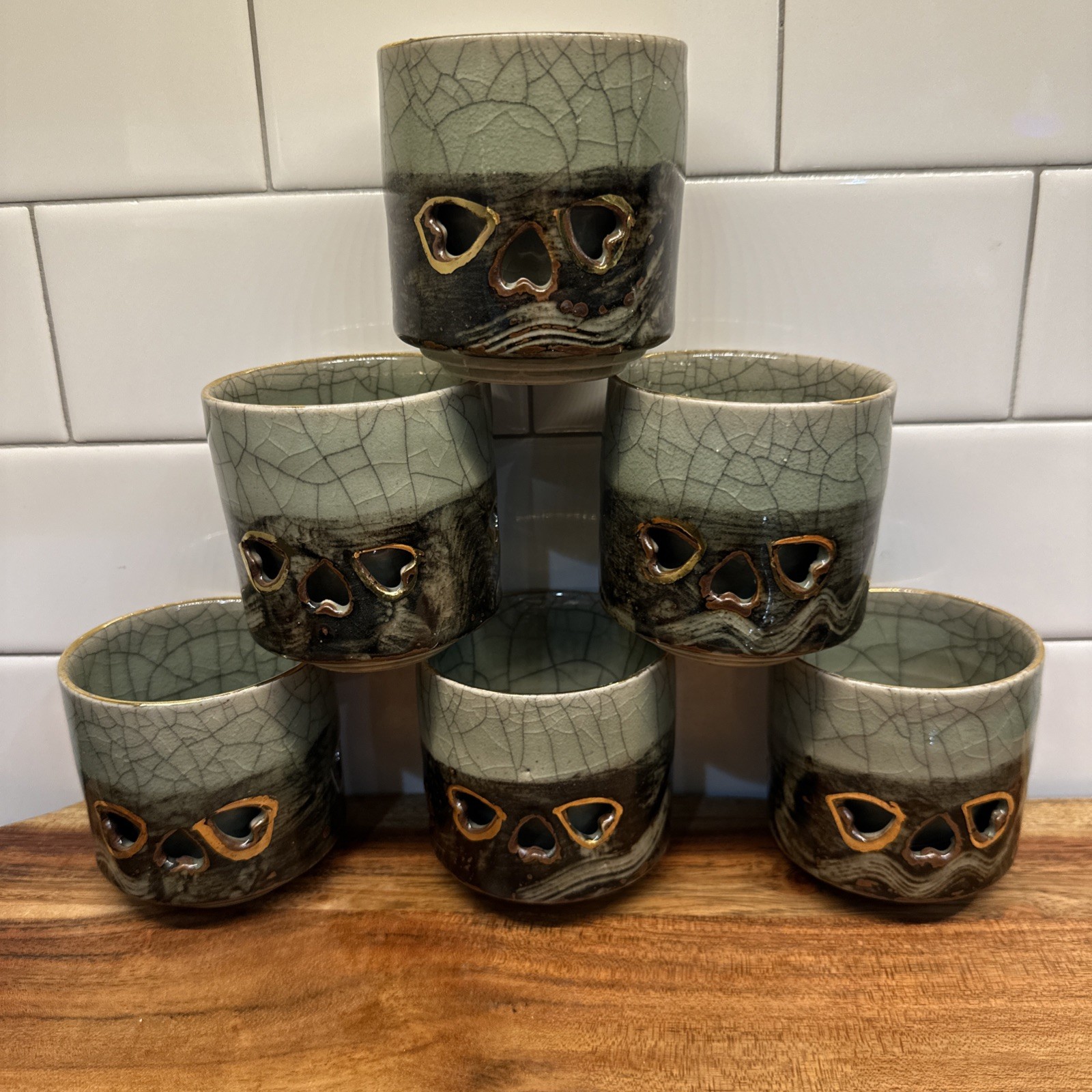 Set 6 – Japan Ceramic Pottery Obori Soma Yaki Tea Cup Celadon Double Walled READ