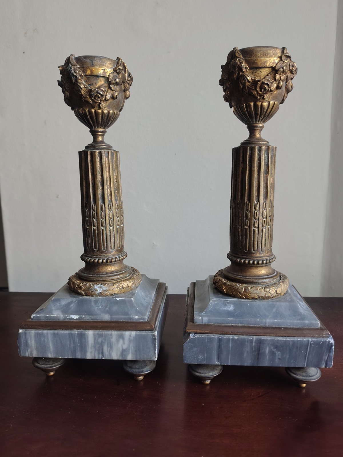 French Empire Antique Bronze Gilt And Marble Candlesticks Pair, 22cm High