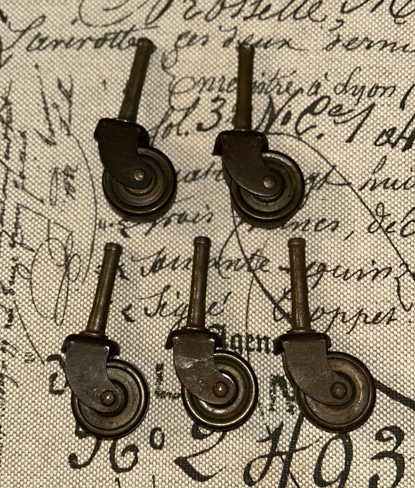 5 MATCHING AUTH ANTIQUE HARD METAL BRONZE 3” FURNITURE WHEELS CASTERS