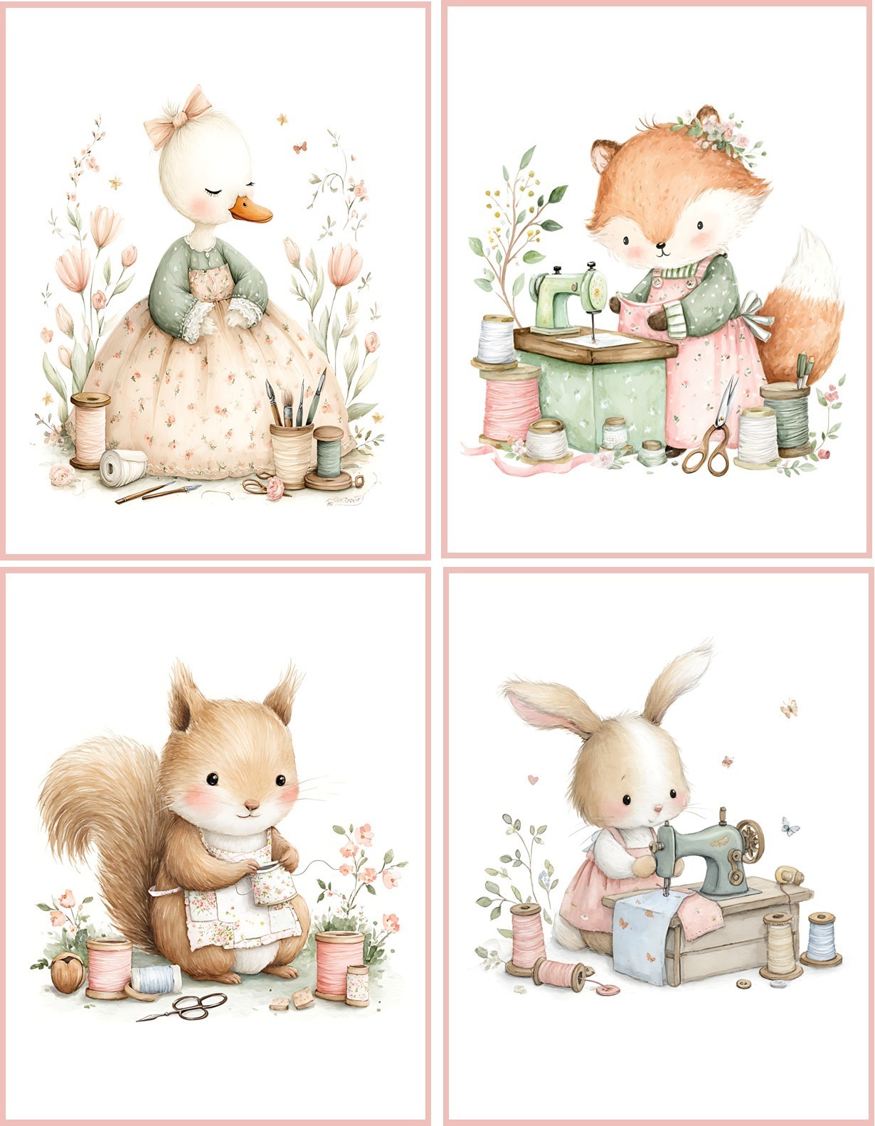 8 assorted whimsical woodland sewing animals glossy blank folded card set 1