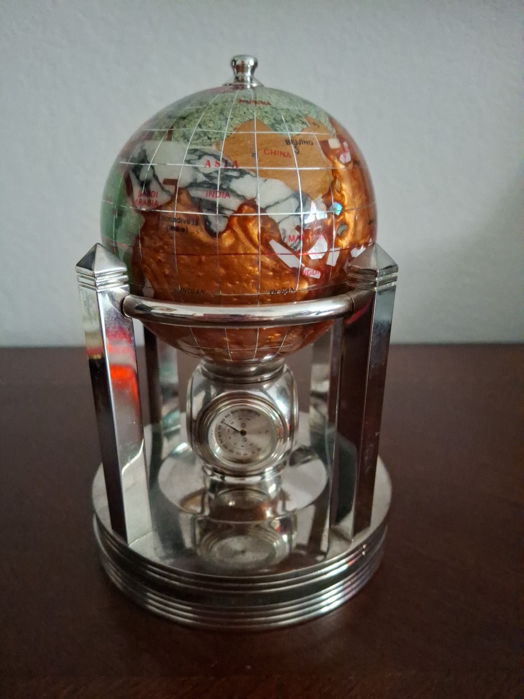 Beautiful Antique Precious Gemstone World Globe With Clock, Hydrometer, & Temp
