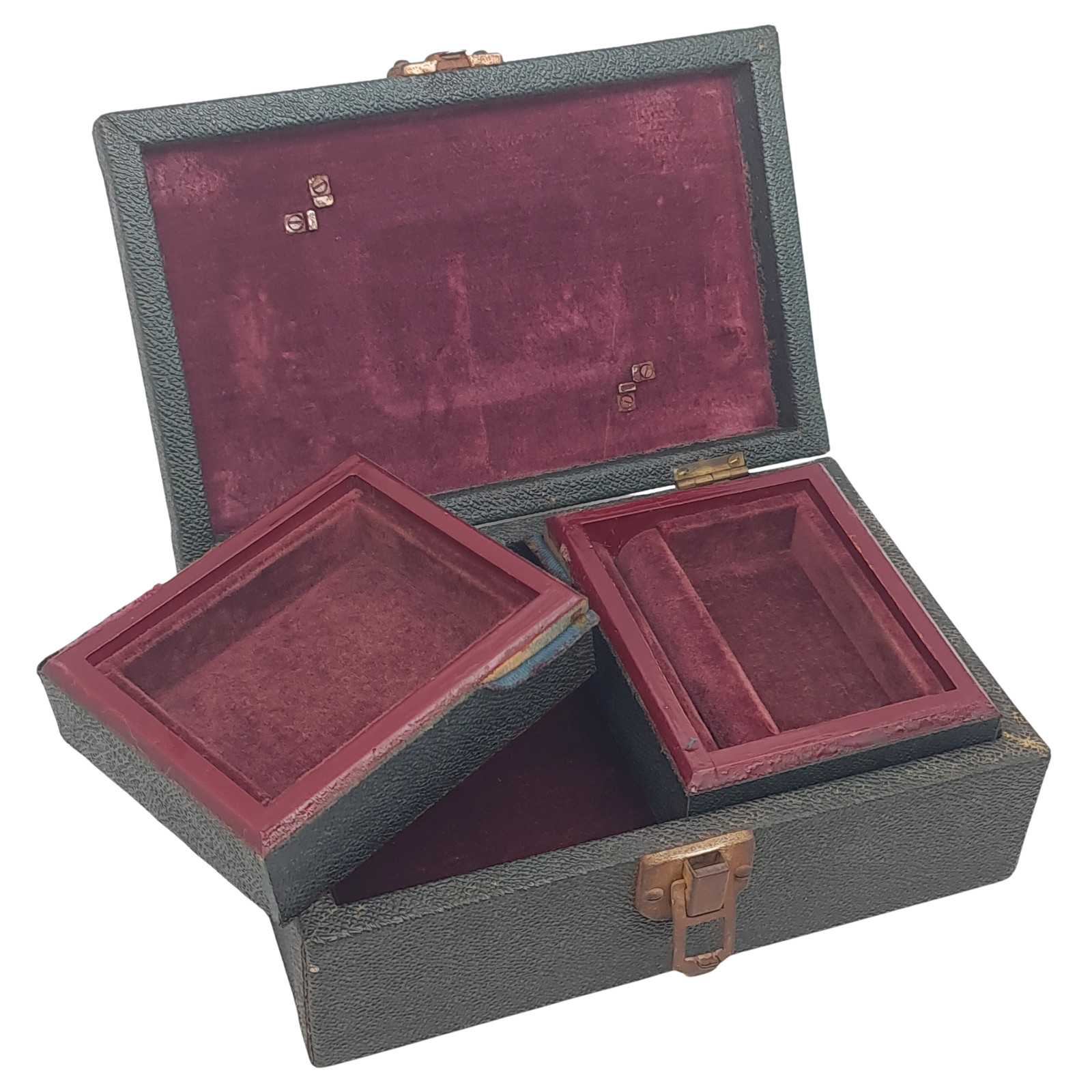 Antique Jewellery Box c1900 Wood Leatherette Velvet Lined 2 Trays No Mirror
