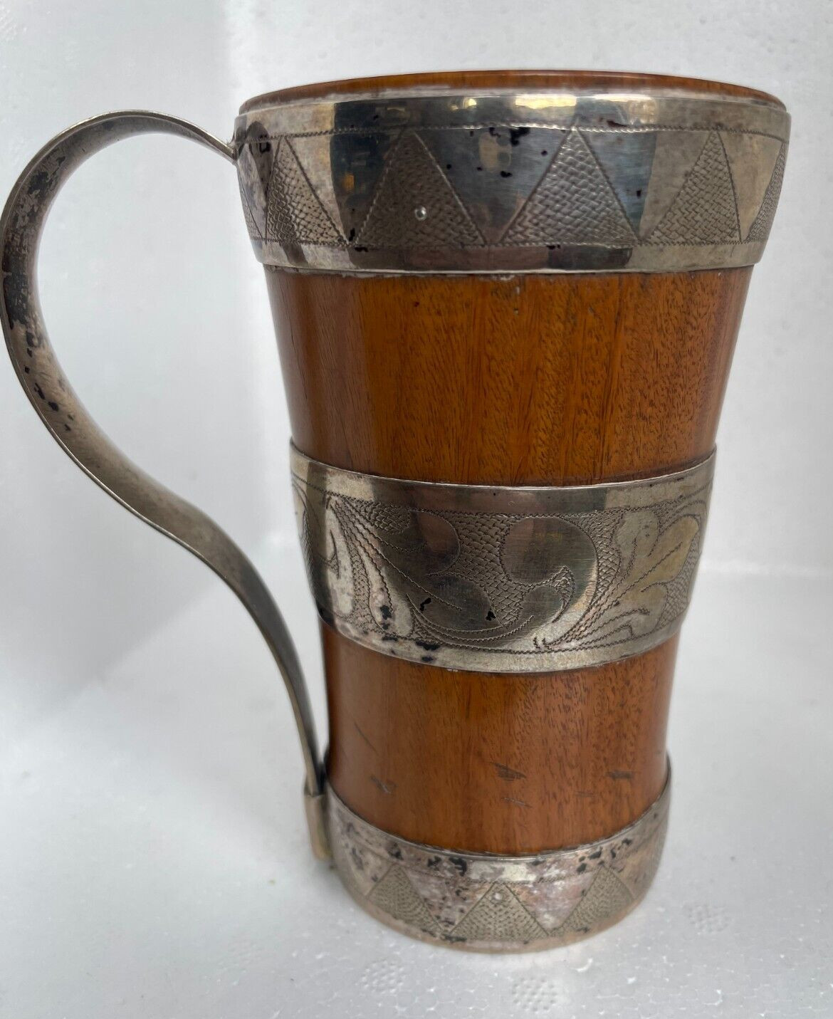 antique woodenware treen & white metal beaker of unknown origin reenactment etc