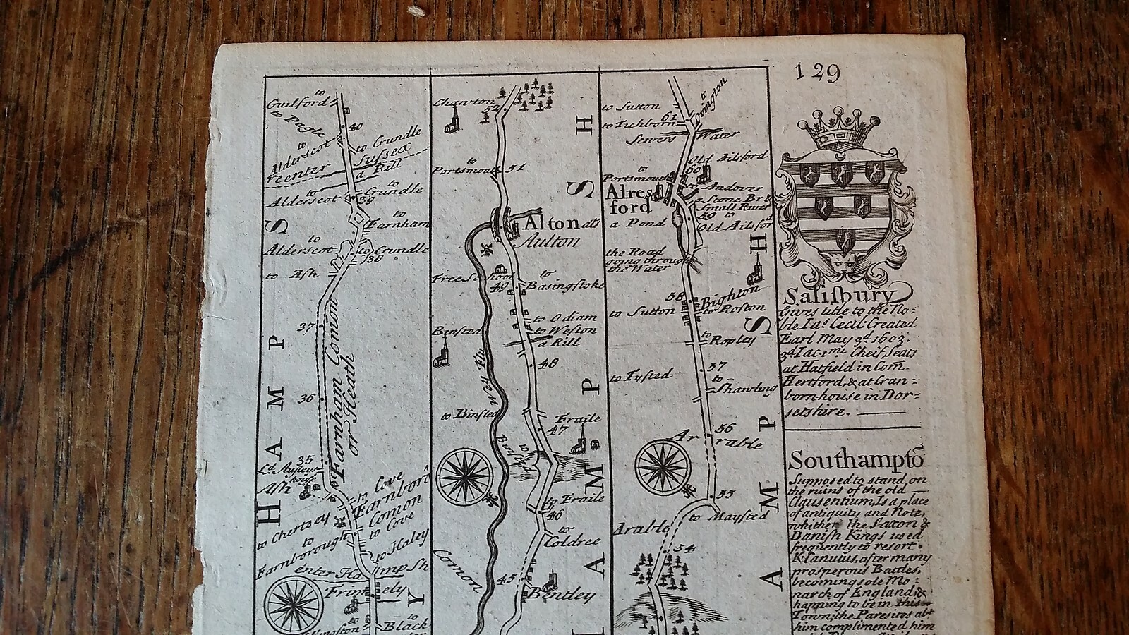 1724 ANTIQUE ROAD MAP OWEN & BOWEN – SOUTHAMPTON SALISBURY FARNHAM ALTON BAGSHOT