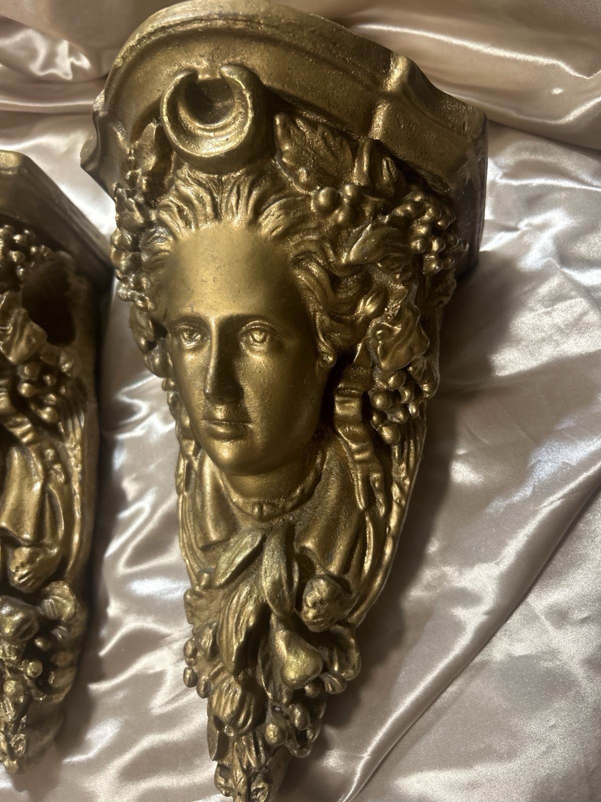 Vintage Gold Chalkware Neoclassical Maiden Wall Corbels Shelf Pair