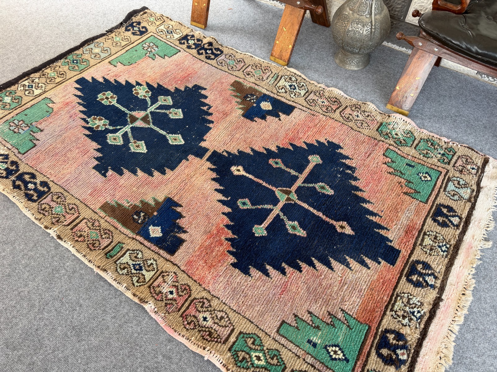 Vintage Turkish Oushak Rug 3×5 Ft, Handmade Anatolian Wool Rug Blue Boho Accent