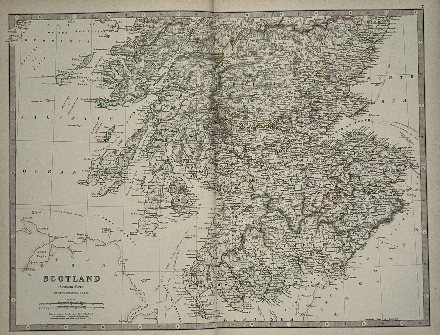 1889 South Scotland Hand Coloured Original Antique Map by Johnston