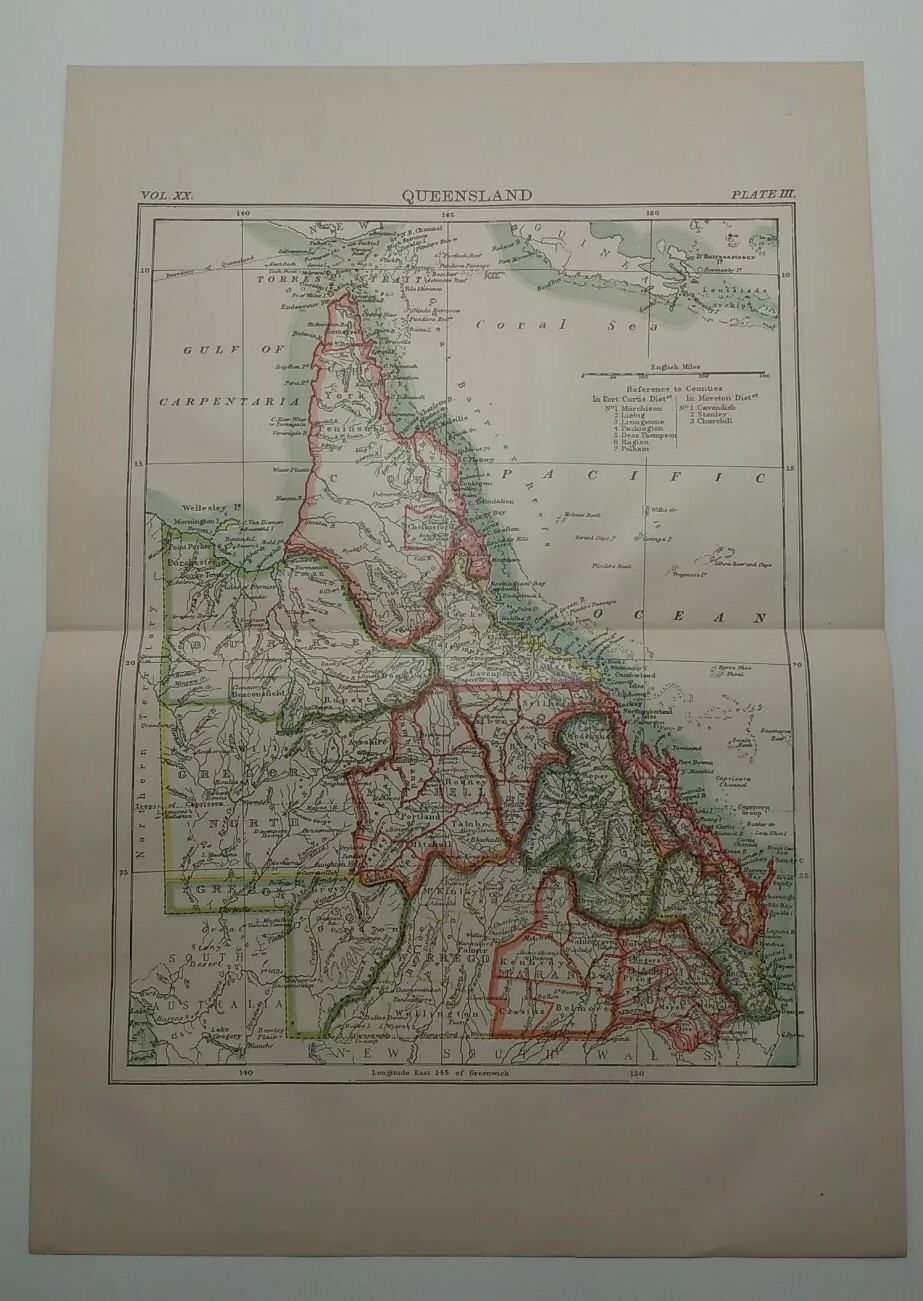Vintage 1894 QUEENLAND Atlas Map Old Authentic Antique Encyclopedia Britannica
