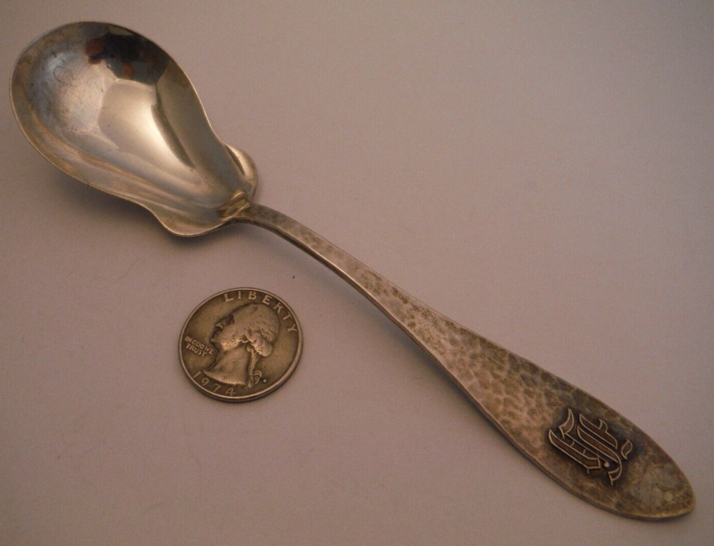 Antique Hammered SHREVE Sterling Silver Sugar Shell Serving Spoon Applied H NICE