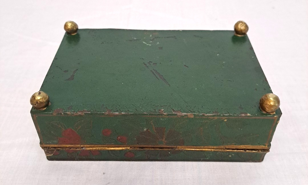 Antique Chinese Handmade Hand Painted Tin Jewelry Trinket Box Floral Design