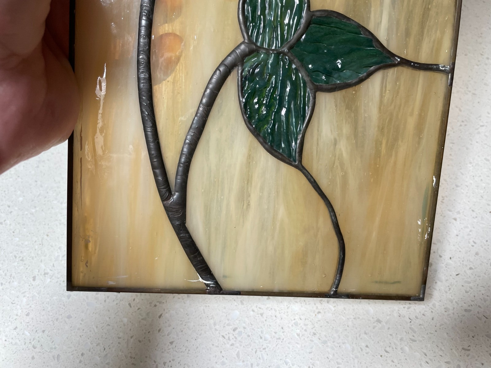 7.5″ x 14.75″ Rosebud Stem Leaded Stain Glass Panel – crack on one pane