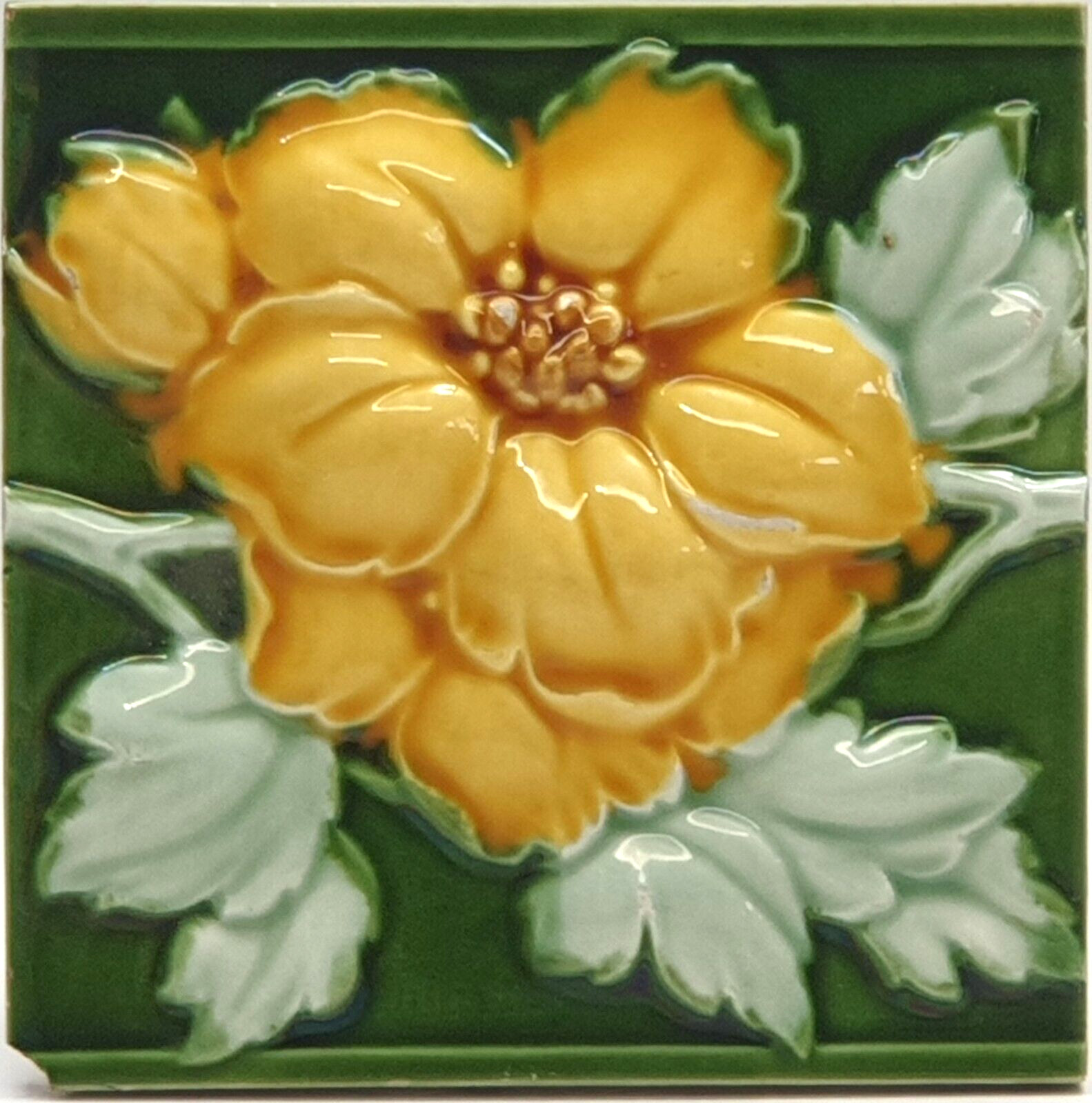 Antique Fireplace Tile Japanese Floral Relief Moulded Majolica C1900 AE2