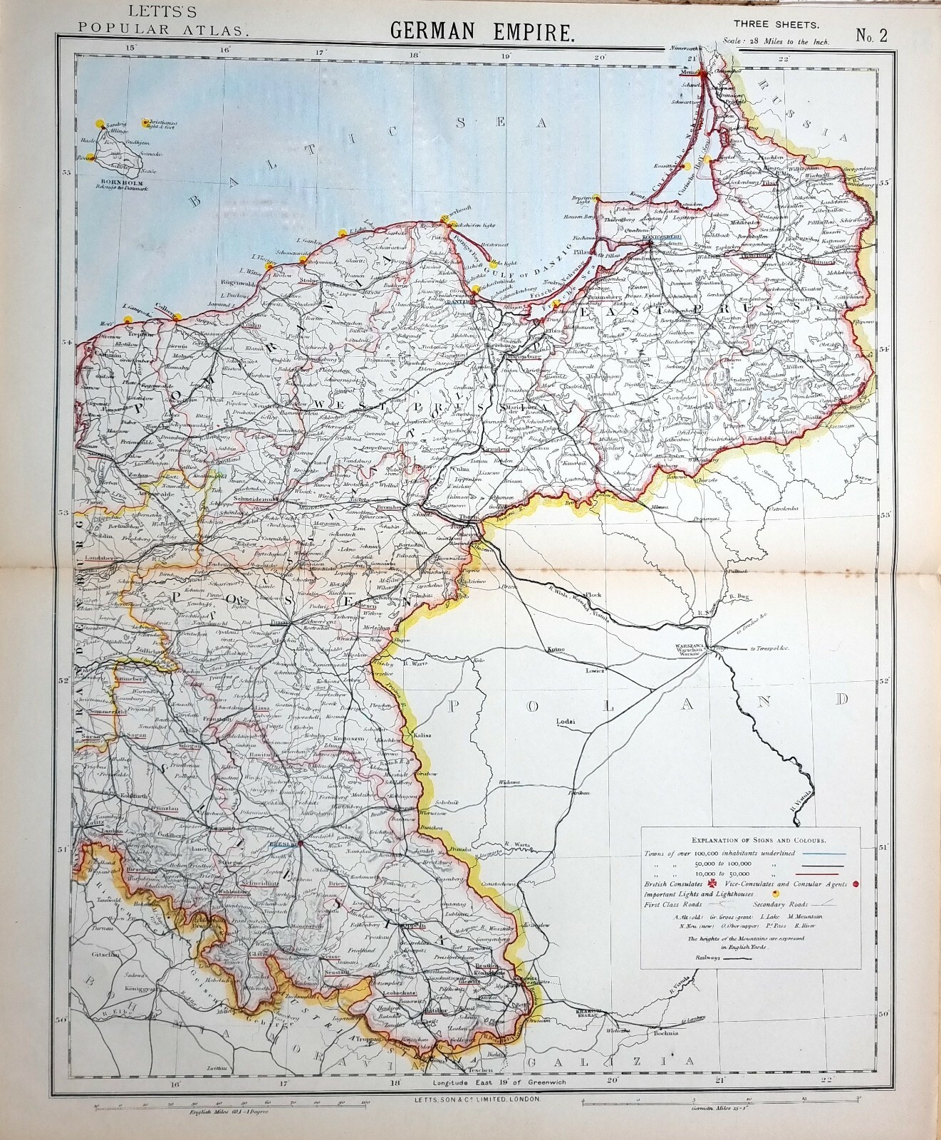1882 LETTS MAP GERMAN EMPIRE BRESLAU POSEN POMERANIA GULF OF DANZIG KONIGSBERG