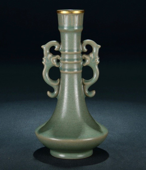 9″Old Song Dynasty Ru Kiln porcelain gilt dragon ear Zun Cup Bottle Pot Vase