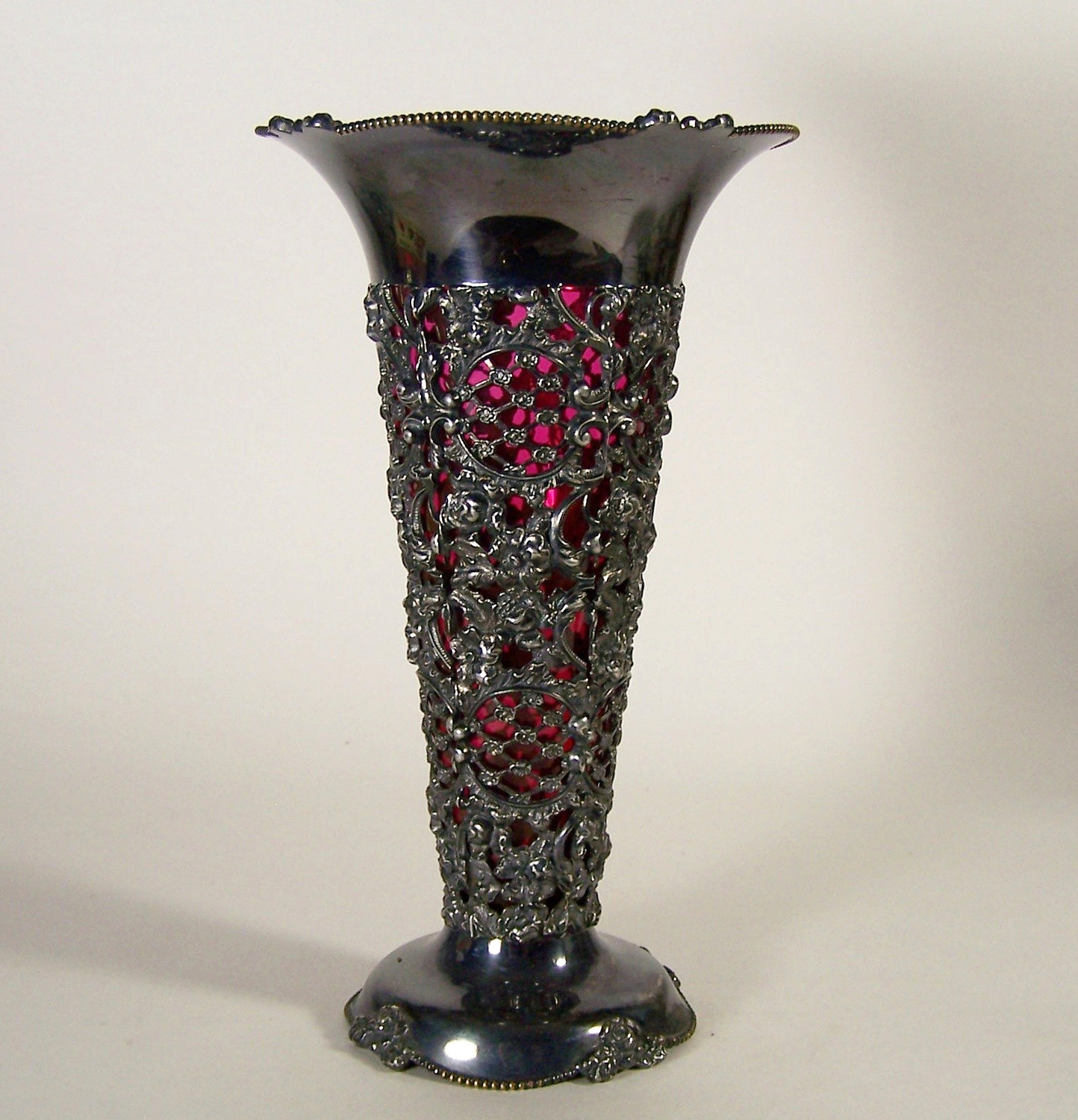 Antique Pairpoint Mfg Quadruple Silver Plate Cranberry Glass Insert Vase Floral