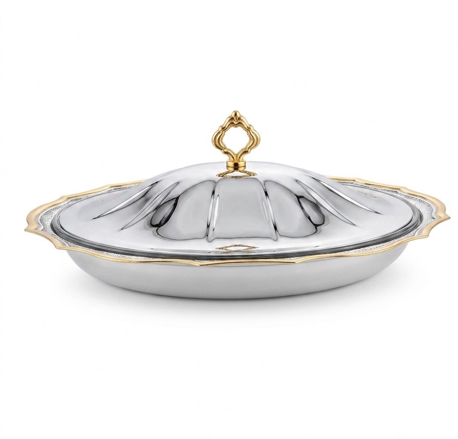 Vintage Oneida Silverplate Oval Casserole Dish Lid Gold Trim Glass Liner 16″