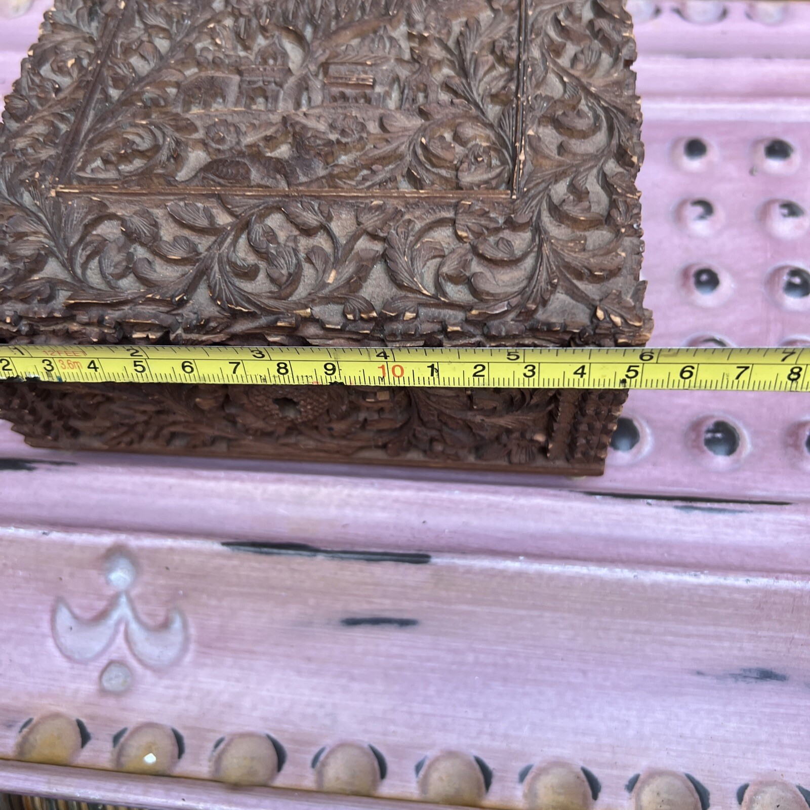 Hand Carved Old Decorative Multi Purpose Wood Trinket 6x5x2.5” Middle Age Style