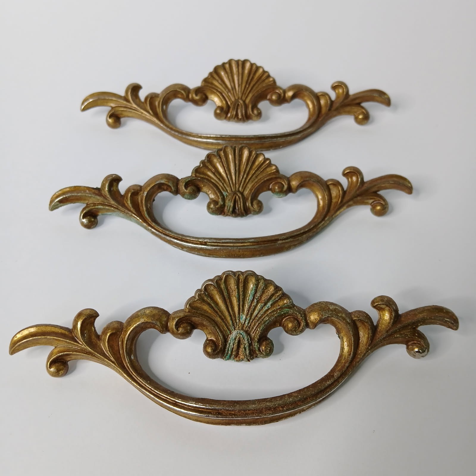 Vintage Brass Clamshell French Provincial Drawer Pulls Lot of 3 Patina 6″