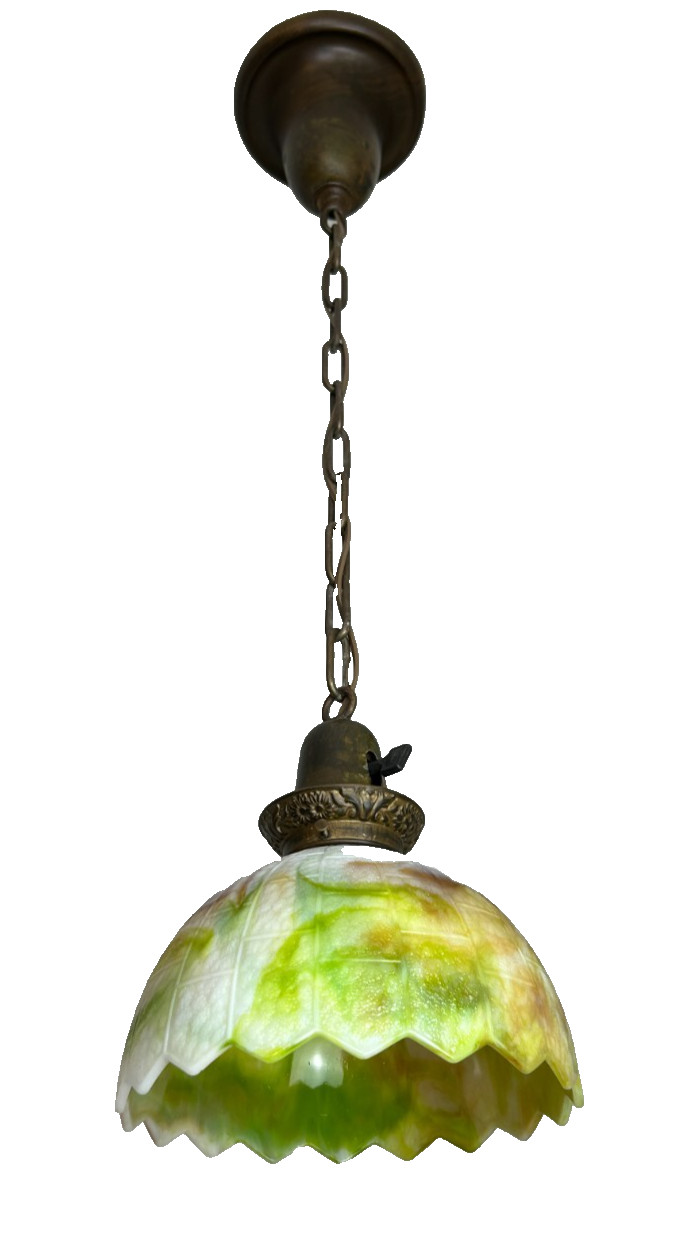 1910-20s antique brass,slag glass pendant fixture