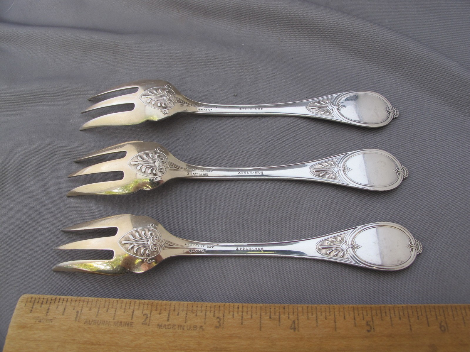 SET OF 3 Rare John Polhamus HONEYSUCKLE (1867) Small 3-Tine FORKS-Gilt Ends