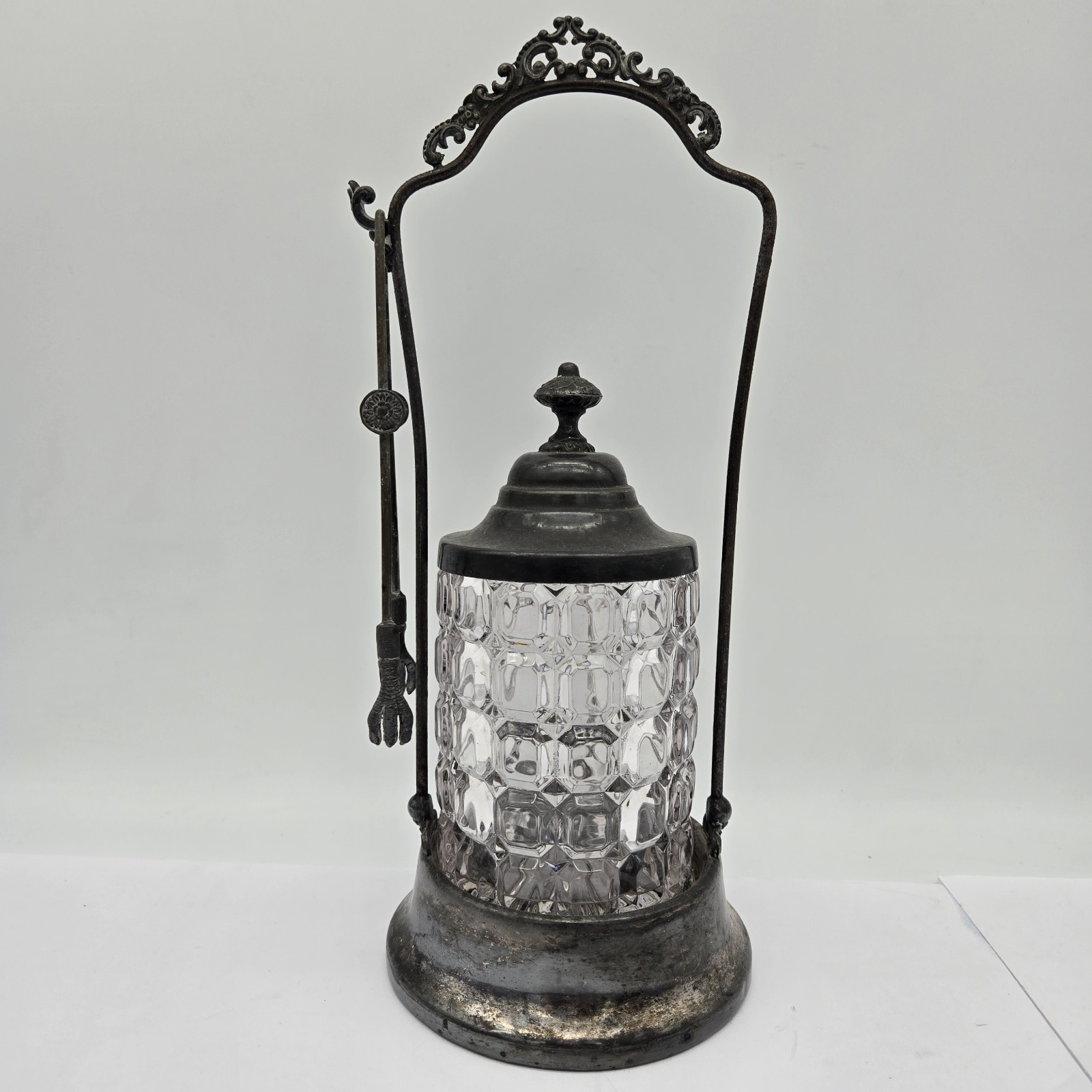 Antique Pickle Castor Jar Clear Quilted Liner Claw Talon Tongs 11.5″