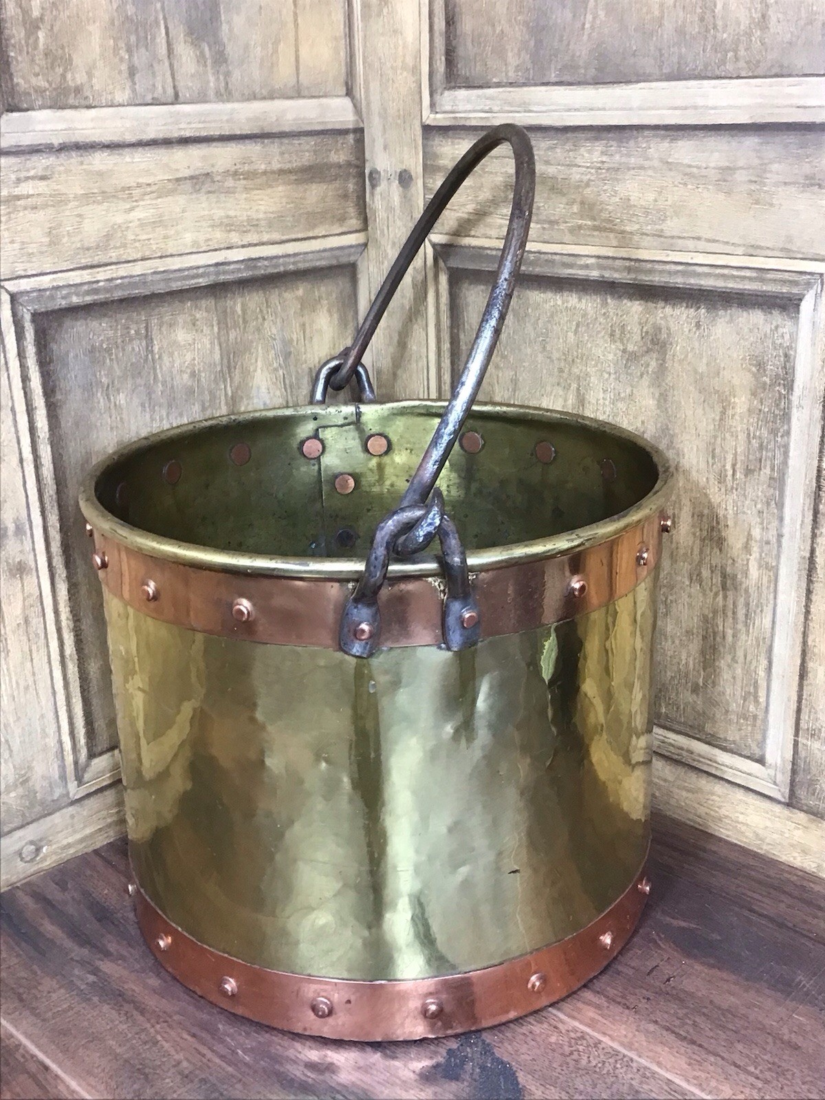 ANTIQUE BRASS & RIVETED COPPER PLANTER / COAL BUCKET WITH SWING HANDLE 19thC