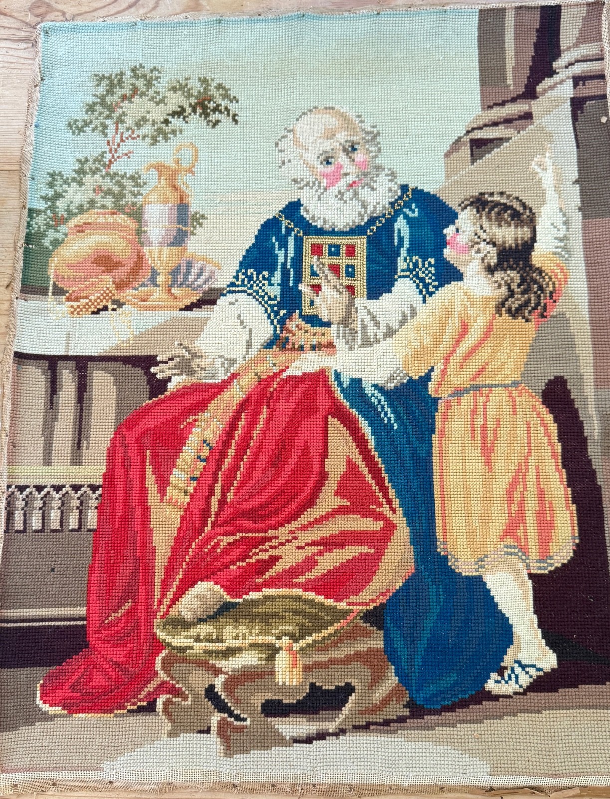 Antique 19th C Berlinwork Needlepoint Tapestry w/ “Samuel & Eli” from Bible B163
