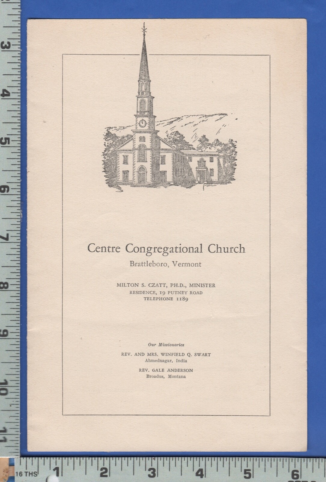 D352 Centre Congregational Church list Milton S Czatt Brattleboro E L Waterman