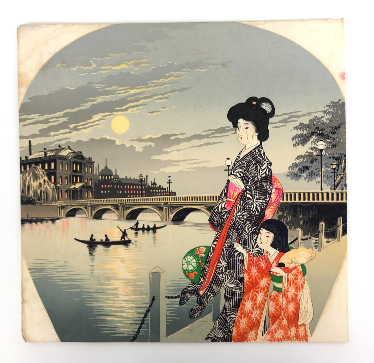 Lithograph: Fan painting woman and child gazing at moon near the bridge Ukiyo-e
