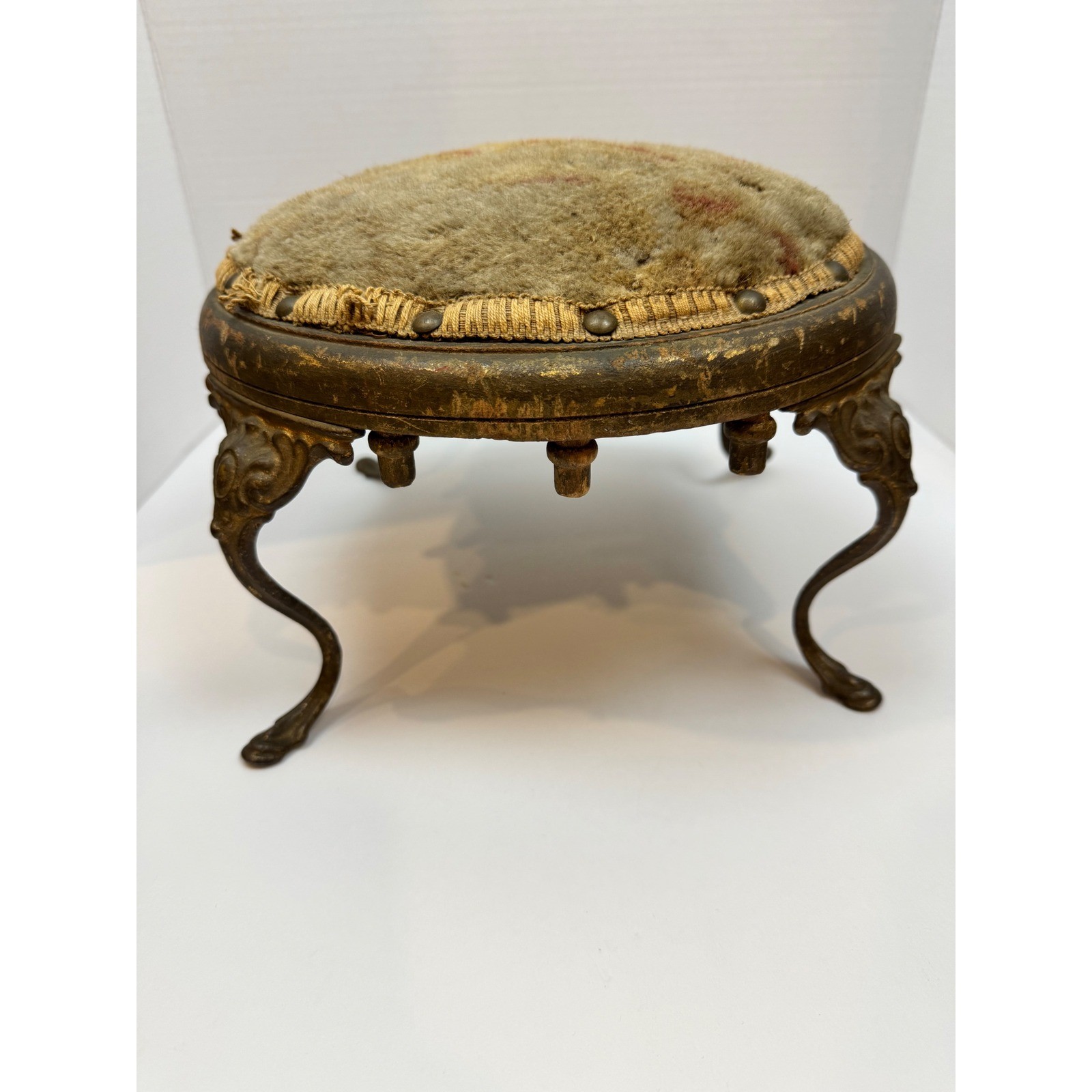 Antique Victorian Footstool Ornate Cast Metal Cabriole Legs Gilt Round Ottoman