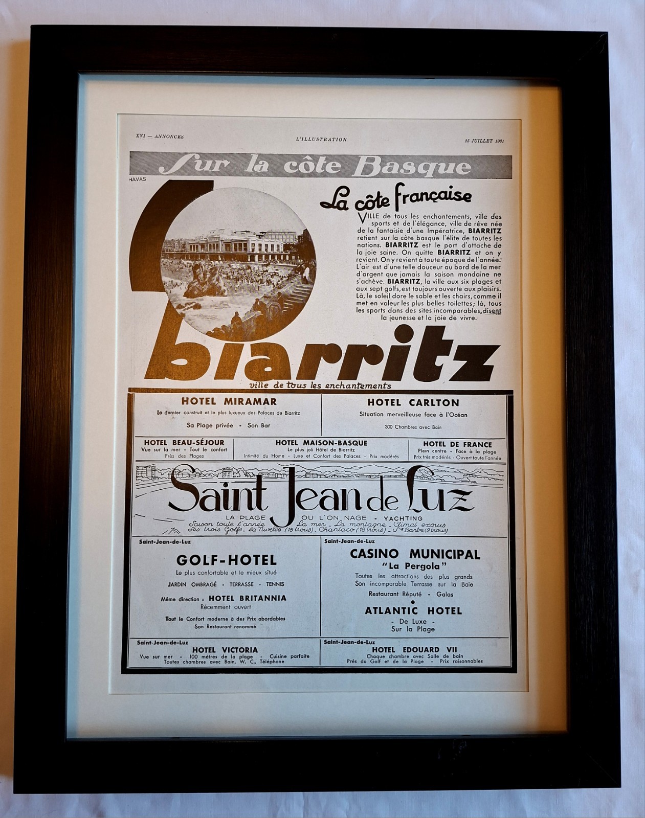Art Deco Advert 1931 Biarritz Tourism Original Framed Superb Condition