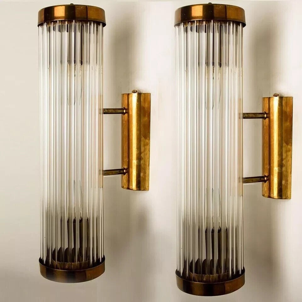 Art Deco Brass & Glass Rod Skyscraper Wall Sconces Antique Light Fixture Set 1 P