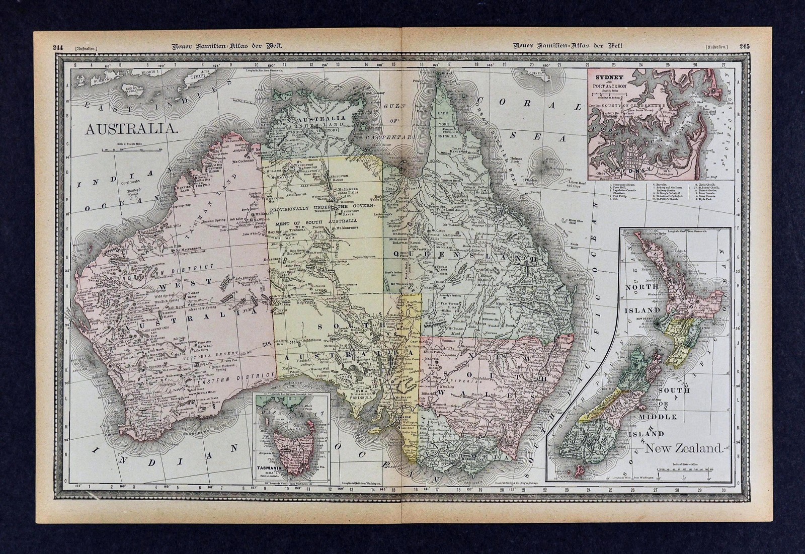 1891 McNally Map – Australia & New Zealand Sydney Tasmania Melbourne Wellington