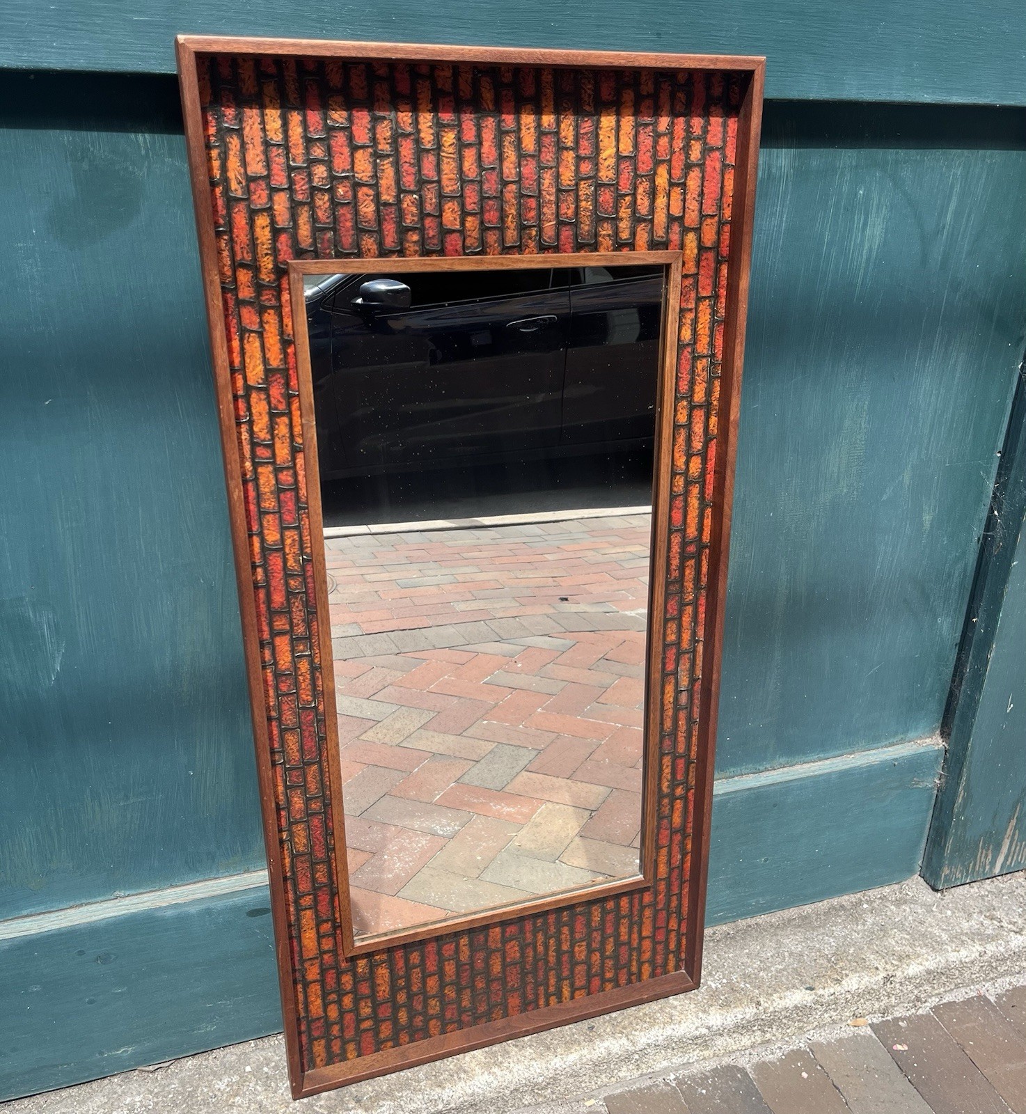 Vintage Brutalist Wall Mirror Faux Tile Walnut Frame