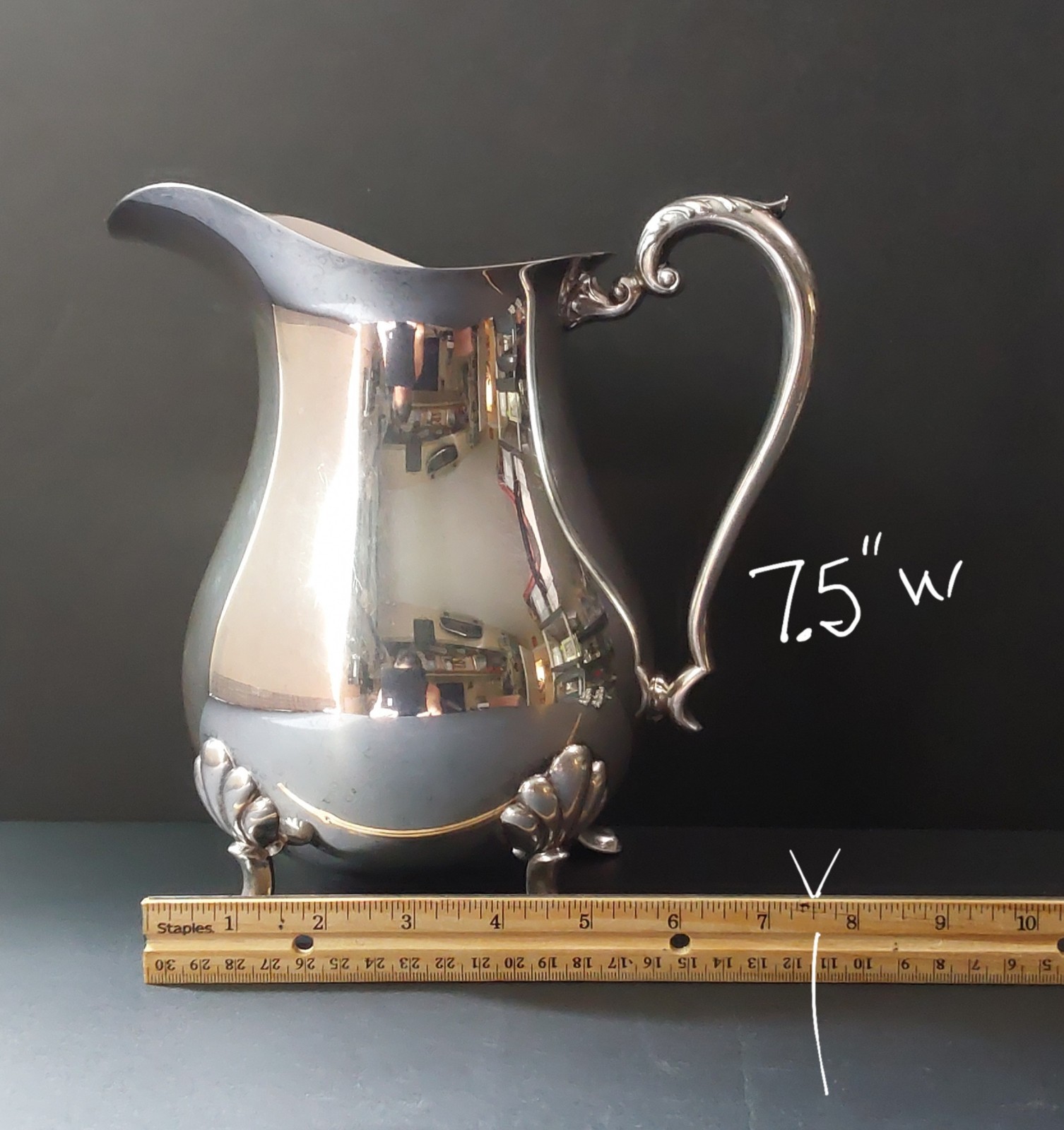 CRESCENT Silver Plated Pitcher Jug, Claw Feet, Ice Lip, Ornate 9 in VINTAGE