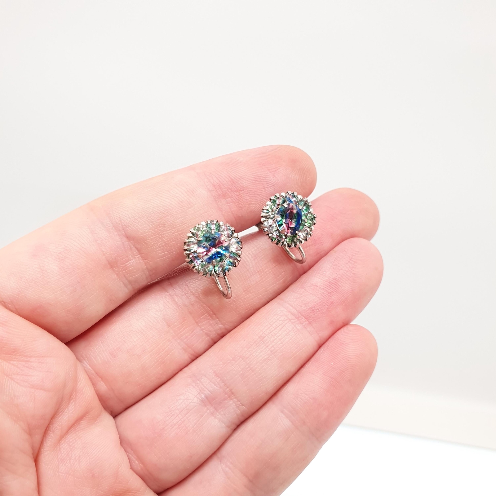 Antique Solid Silver Iris Rainbow Glass Earrings Cluster Screw Back Tutti Frutti