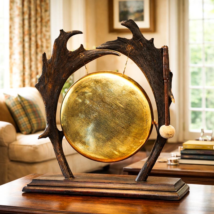 Large Antique Victorian Hunting Trophy Dinner Gong Brass Antler Country Decor