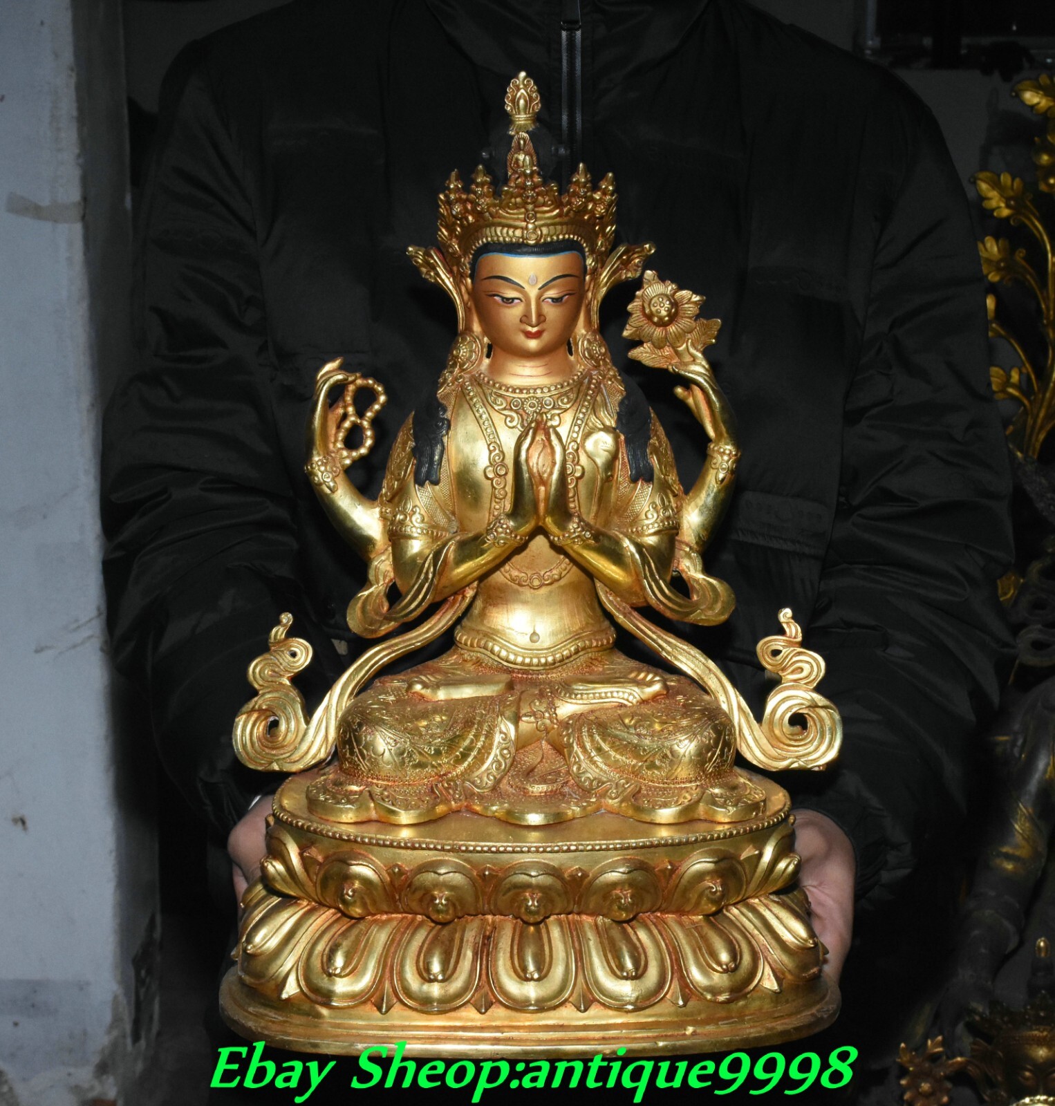 18.1” Old Nepal Purple Bronze Gold 4 Amrs White Tara Mahayana Buddha Statue