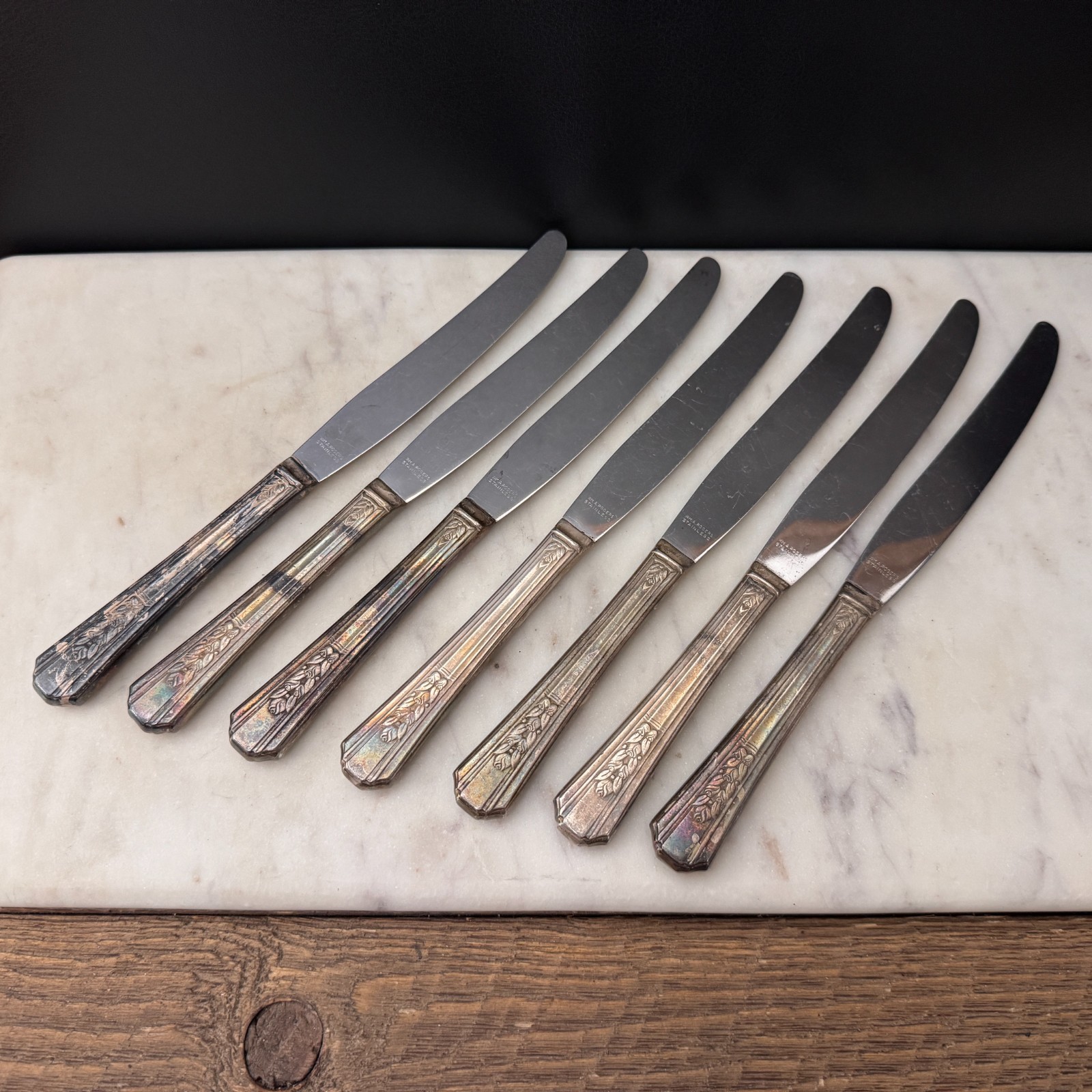 Rogers Rosalie Stainless Dinner Knife Silverplate Handle Oneida Silver 1938 -7pc