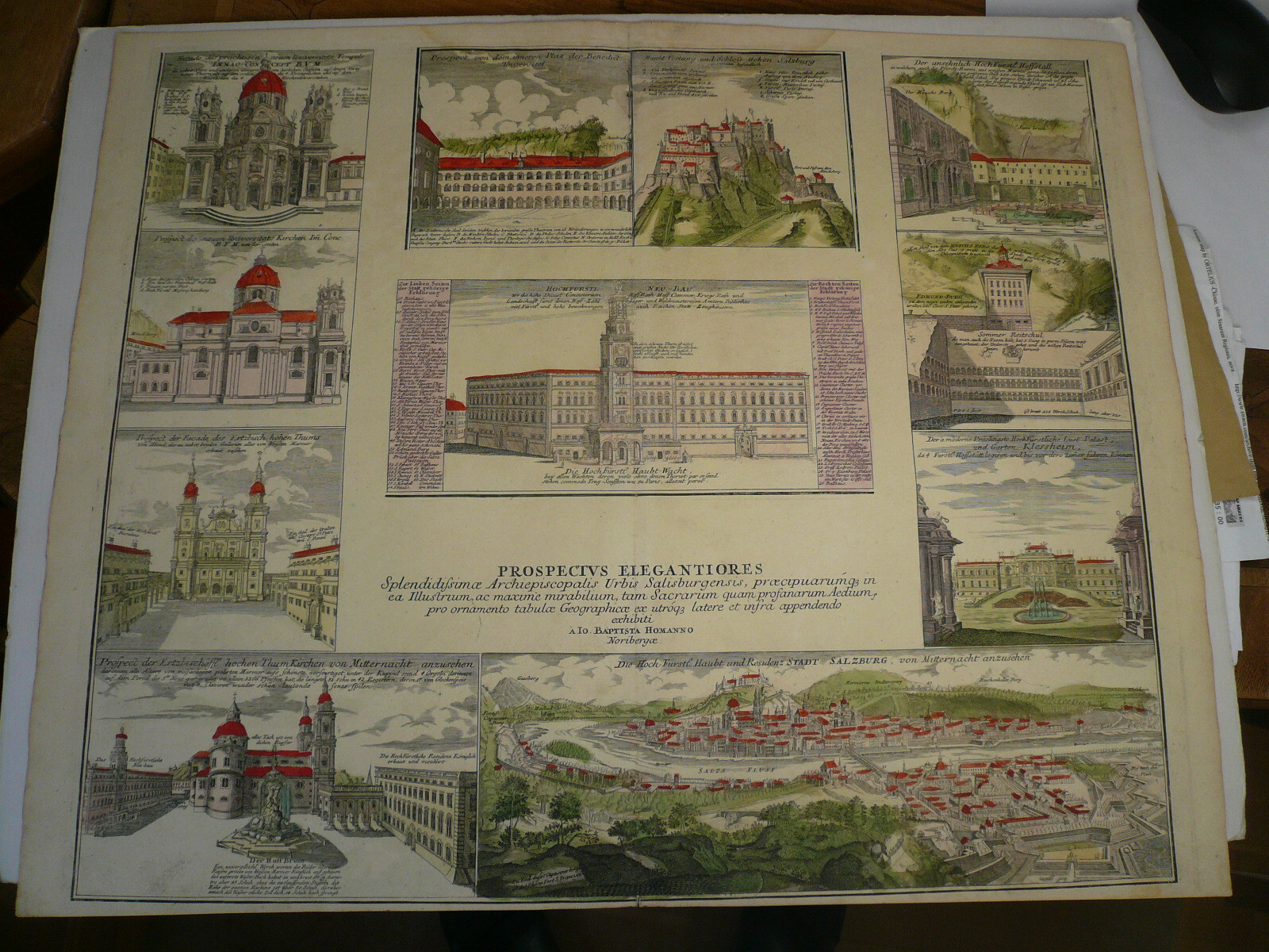 Salzburg anno 1720, Austria, copperengraving Homann J.B., old colours, scarce
