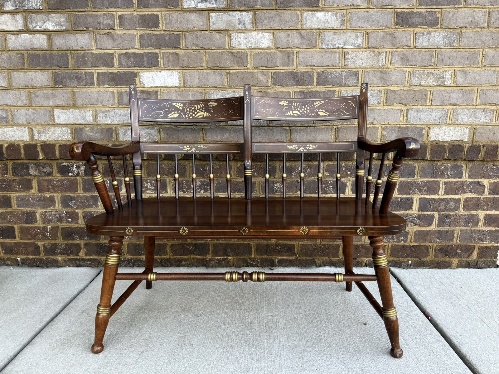 1960s – 70s Tell City Rumford & Gold Solid Maple Hitchcock Spindle Back Bench