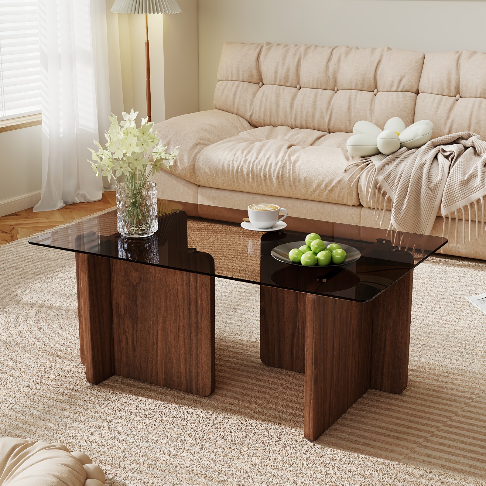 Modern Walnut Wood Base Glass Coffee Table 39.4 Inch Minimalist