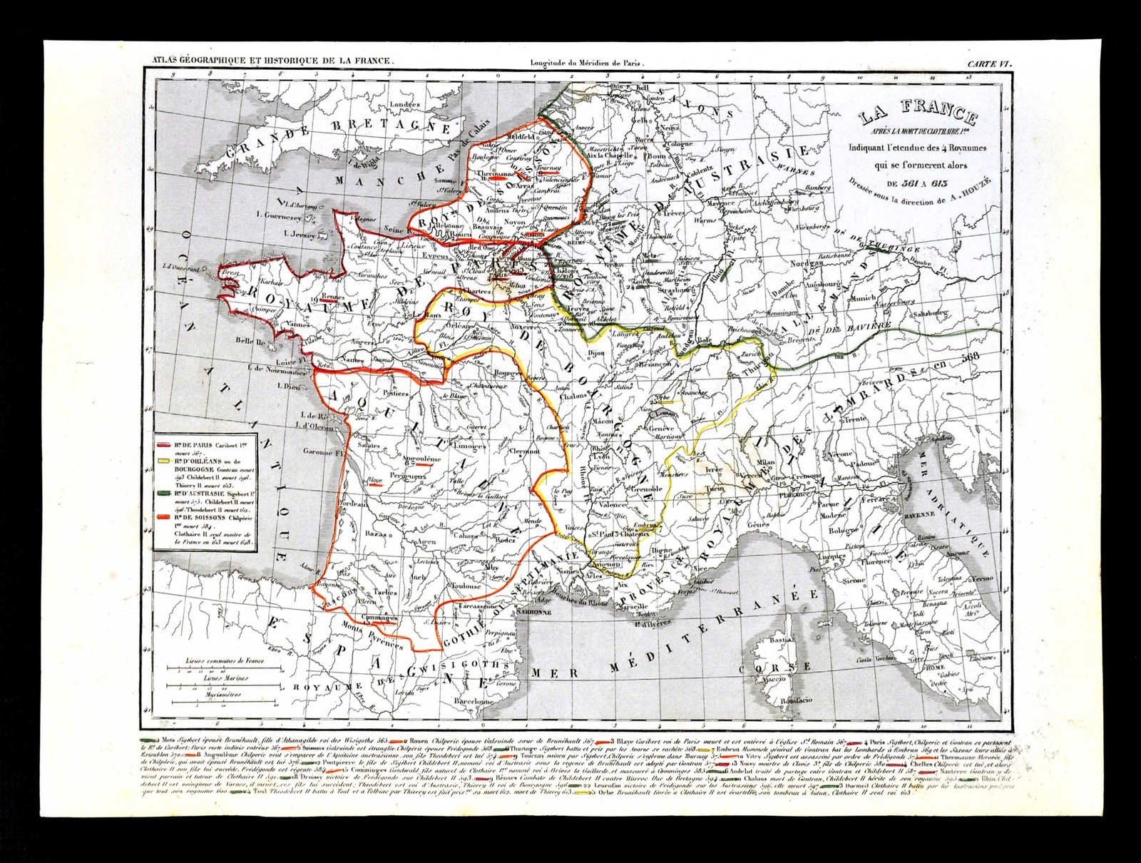1849 Houze Map France Clothaire 561-613 Soisson Bourgogne Aquitain Paris Kingdom
