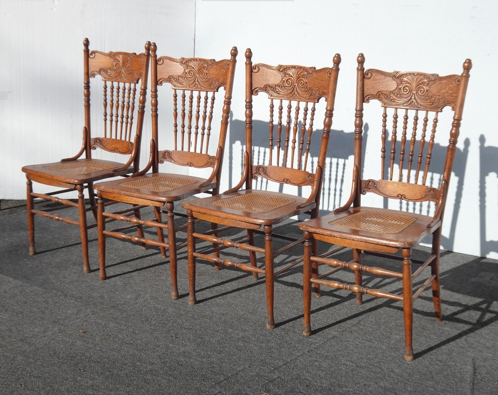 Chairs Pressed Back ~ Set of Four Cane Vintage French Country Golden Oak Chairs