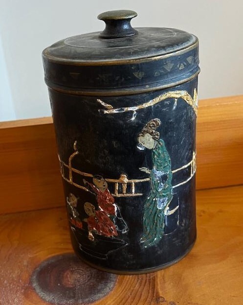 Japanese painted primitive tin canister with lid, signed, 7″ tall