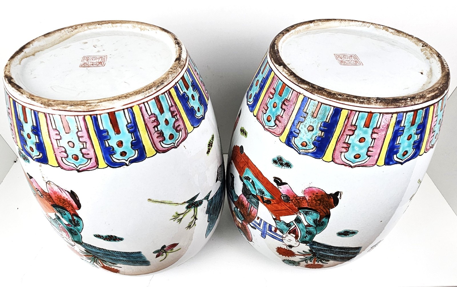 Pair of 19th c Qing Chinese Famille Rose Melon Ginger Jars Antique